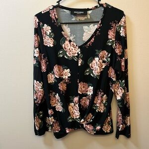 Black floral long sleeve v neck blouse